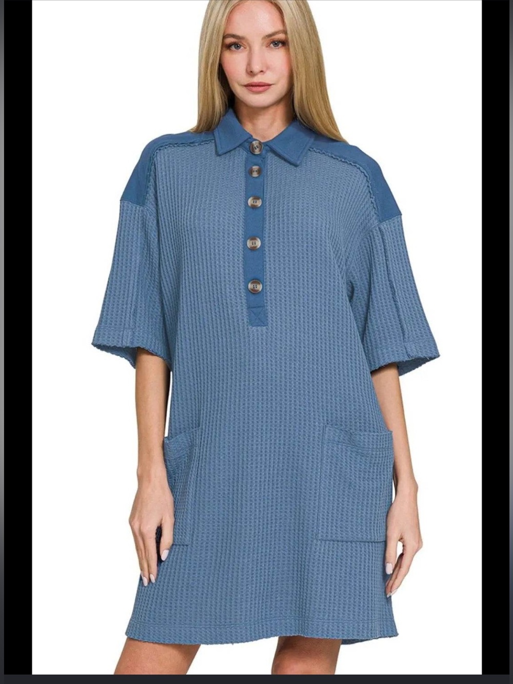 Zenana Outfitters Blue Waffle Knit Polo Tunic